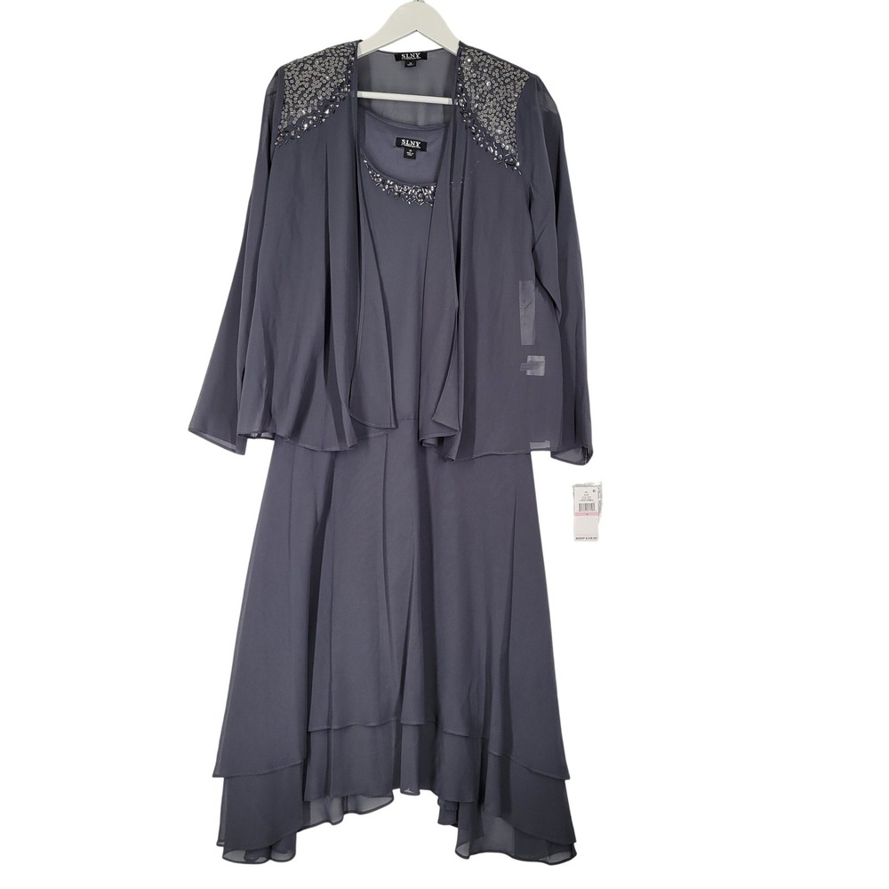 SLNY Womens 2 Piece Beaded Midi Dress Jacket Set Steel Gray 116184 Size 10 NEW